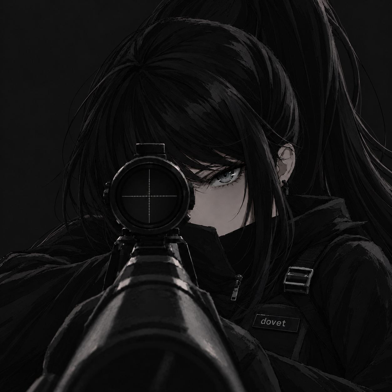 dovet's black-haired marksman looking through a rifle scope